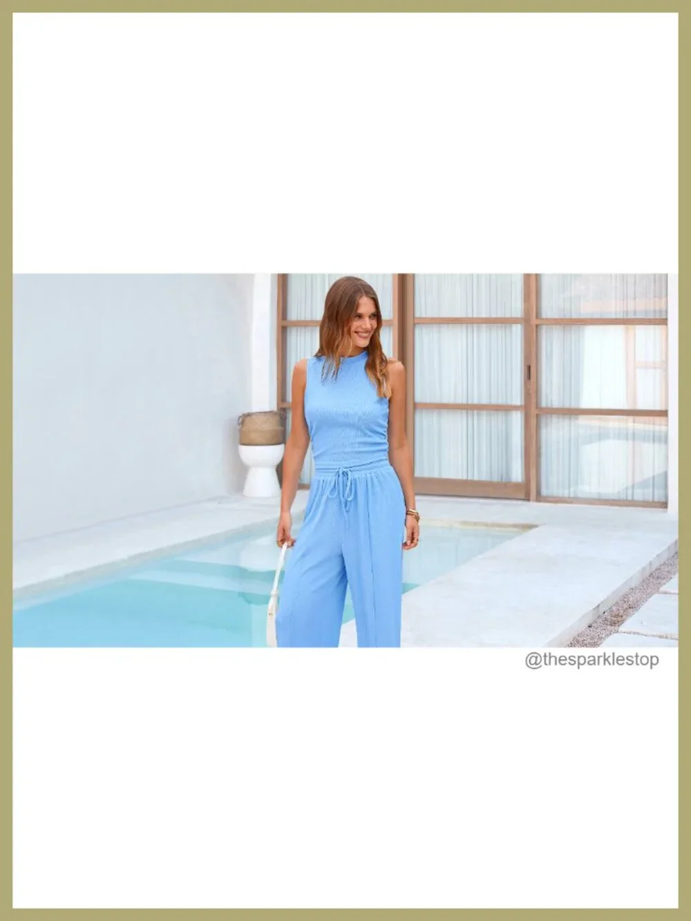 Ribbed Knit 2 Piece Outfit Wide Leg Pants Lounge Set Sleeveless Travel